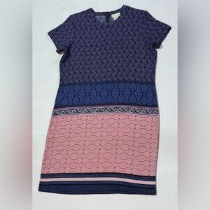 Adrienne Vittadini Boho Geometric Blue Pink Print Shift Dress Size 6